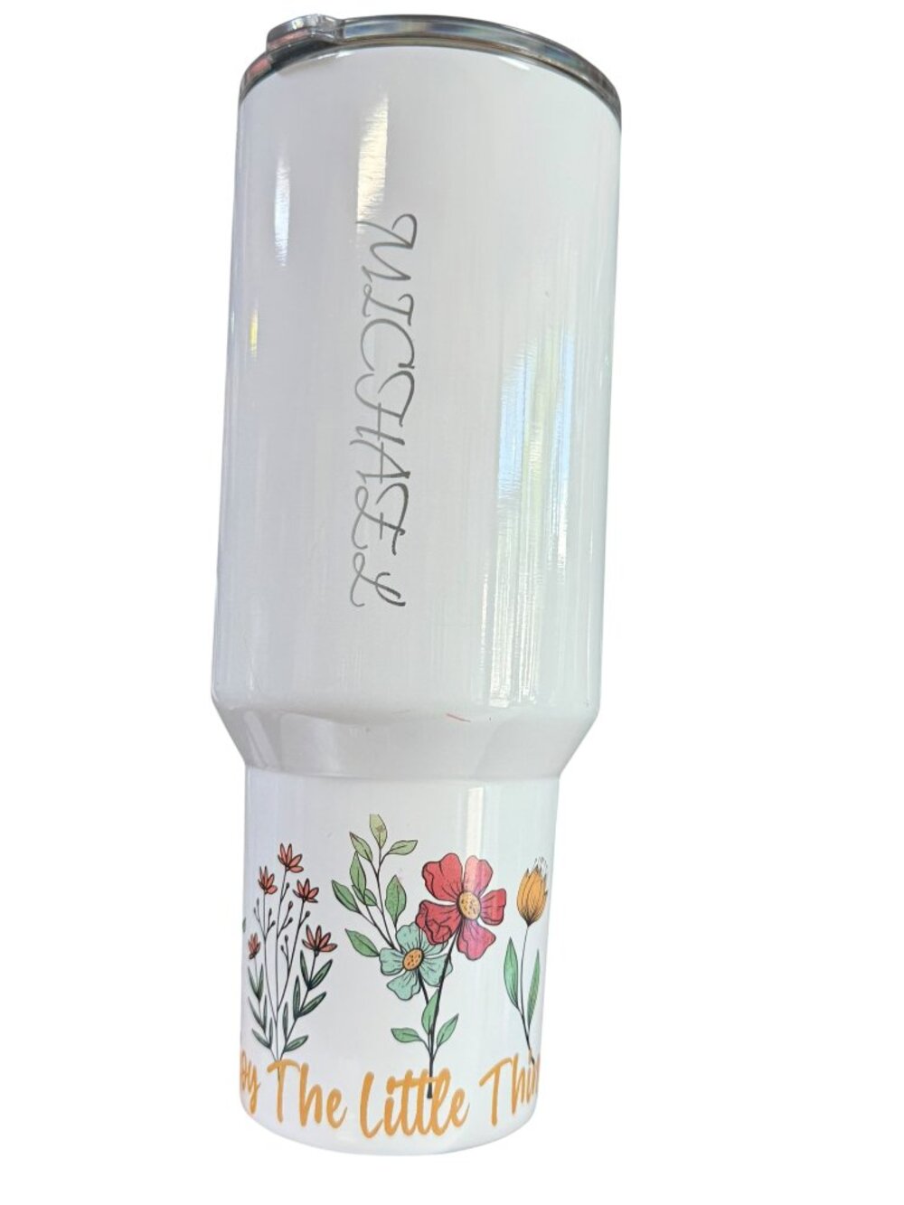 Personalized Stainless Steel Tumbler, White, 40oz, Floral Design, Engraved Name,